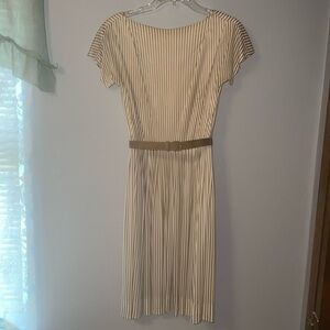 Vintage! Tan and Cream Striped Short Sleeve Zipper Back Swing Dress &Cloth Belt
